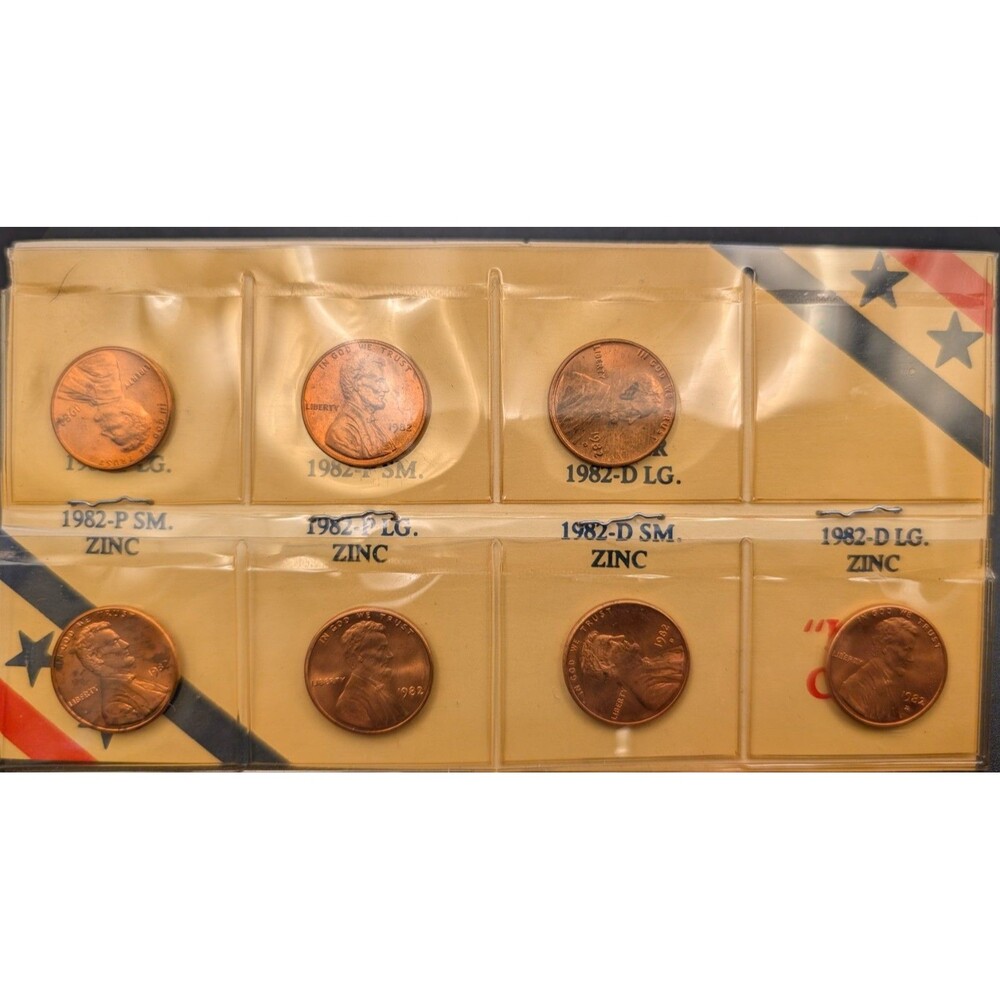 1982 P&D LINCOLN CENT 7 COIN SET - COPPER/ZINC - LARGE & SMALL DATES (BU)